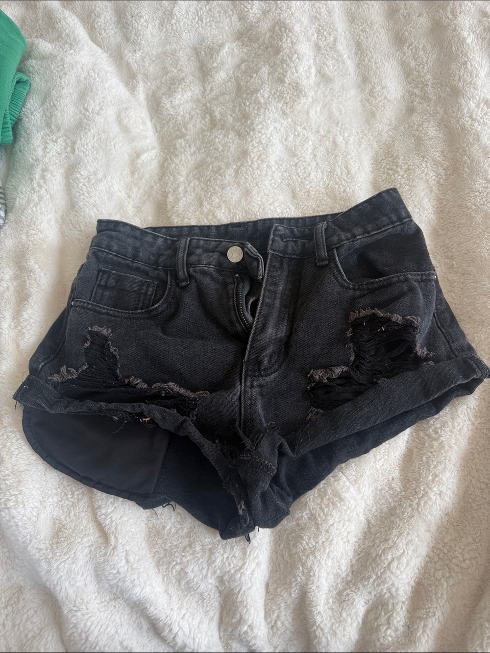 Distressed Black Denim Shorts